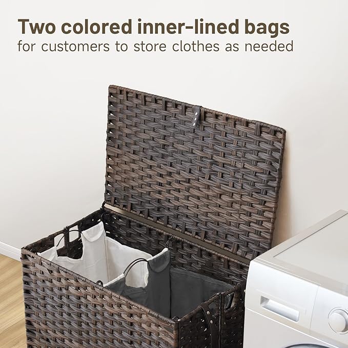 Laundry Hamper with Wheels, 34.3 Gallon(130L) Rolling Laundry Basket with Lid, Removable Large 2 Color Liners & 3 Mesh Laundry Bags, Clothes Hamper with Side Pocket, Brown