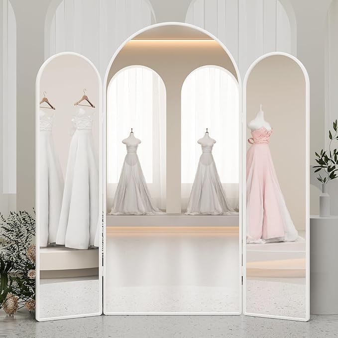 3 Way Arched Full Length Mirror Free Standing, 71"x 67" Large Modern Trifold Mirror, 3-in-1 Detachable Panel Tempered Glass & Metal Frame, for Dressing Room, Bridal Shop, Clothing Store (White)