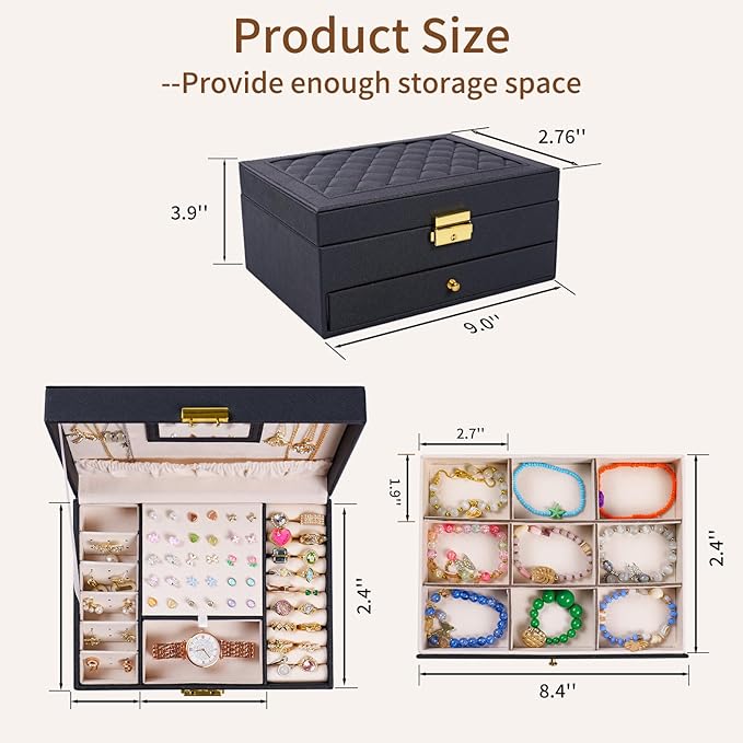 Jewelry Box, 2 Layer Jewelry Organizer with Velvet Earring Organizer, Jewelry Holder Organizer Travel, White Jewelry Boxes for Women, Jewelry Boxes & Organizers for Girls, Black