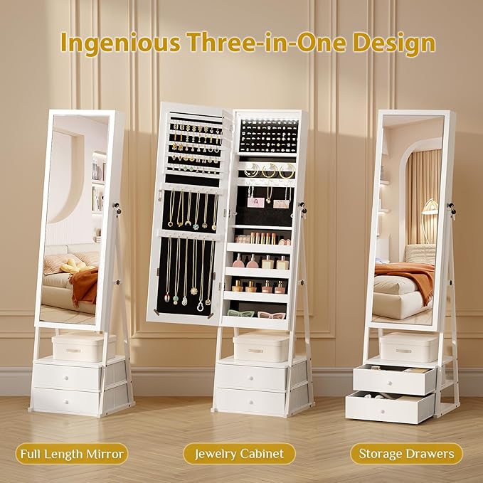 Bonnlo LED Jewelry Cabinet Armoire, Lockable Standing Mirror with Jewelry Storage, Full Length Mirror with 2 Drawers, Large Capacity Jewelry Organizer for Women, Gift Idea, Christmas Gifts,White