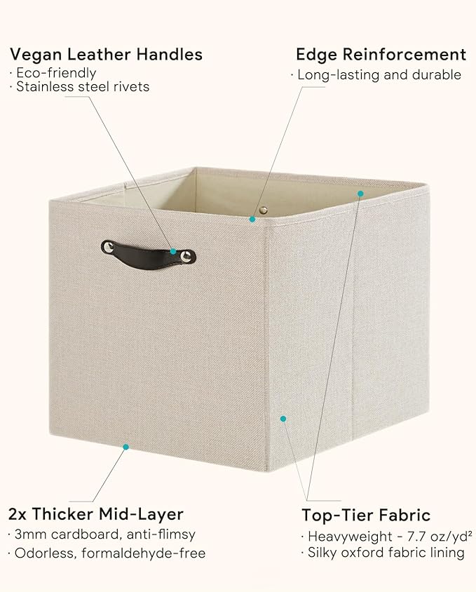 Storage Cube Bins | 7.7 oz/yd² Fabric Cubby Organizer Baskets for Shelf, Bookcase, Closet, Cabinet, Wardrobe | 13x13 Cube Drawer | 6 Pack, Beige, 13x13x13 Inch