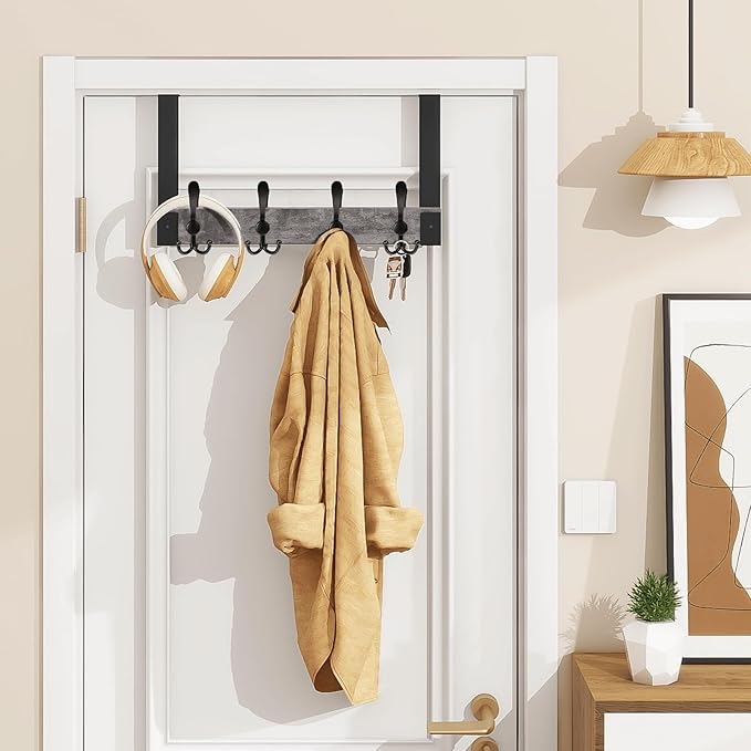 Homode Over The Door Hooks Heavy Duty,Wooden Door Coat Hanger with 4 Tri Hooks, Over The Door Towel Rack for Bathroom, Back of Door Hooks for Hanging Towels, Clothes, Hats, Bags, Grey
