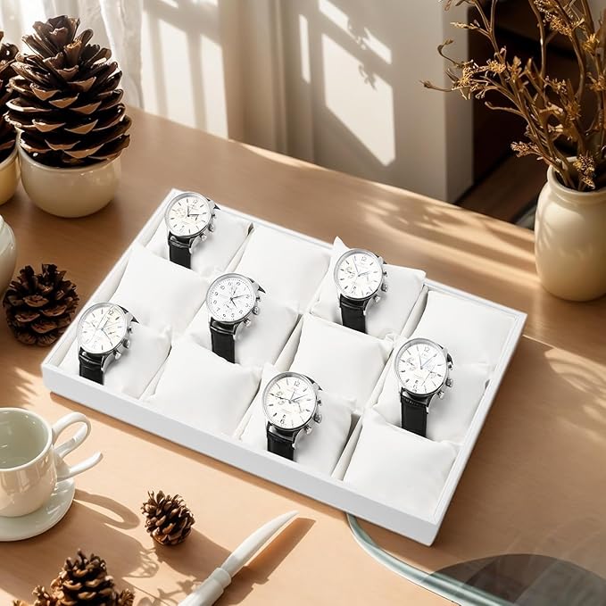 Leather Watch Tray 12 Grids Watch Holder Organizer Storage Tray For Men Women(White)