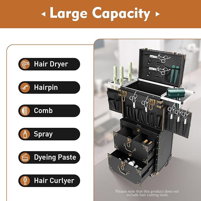 Rolling Lockable Makeup Train Case,Large Cosmetic Organizer Train Case Makeup Travel Case with 360° Swivel Wheels, Trolley Makeup Travel Organizer,Black