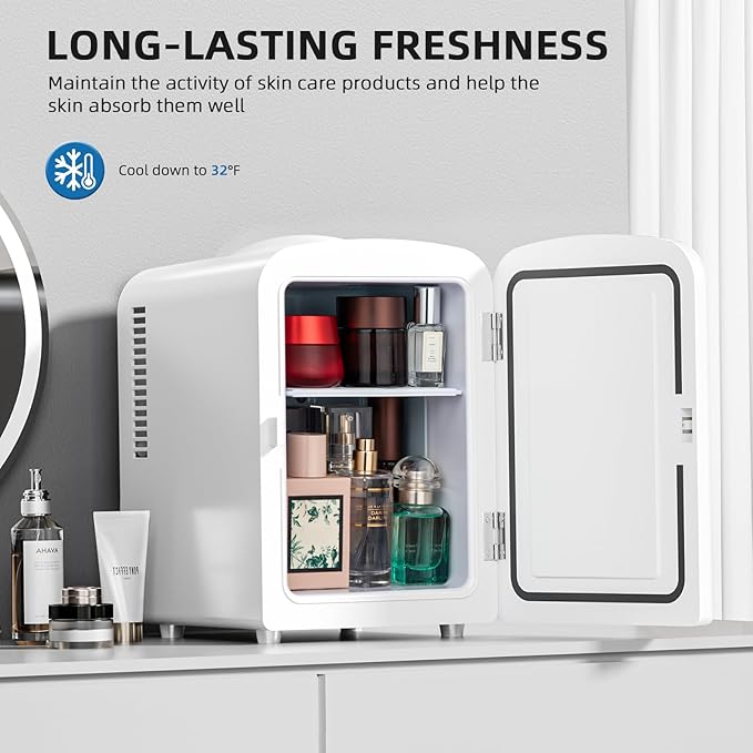Compact Refrigerator, Portable Mini Fridge, Skin Care 4L Capacity/6 Cans, for Bedroom, Car, Office & Dorm, Small Cooler for Cosmetics, Beverage and Food, White