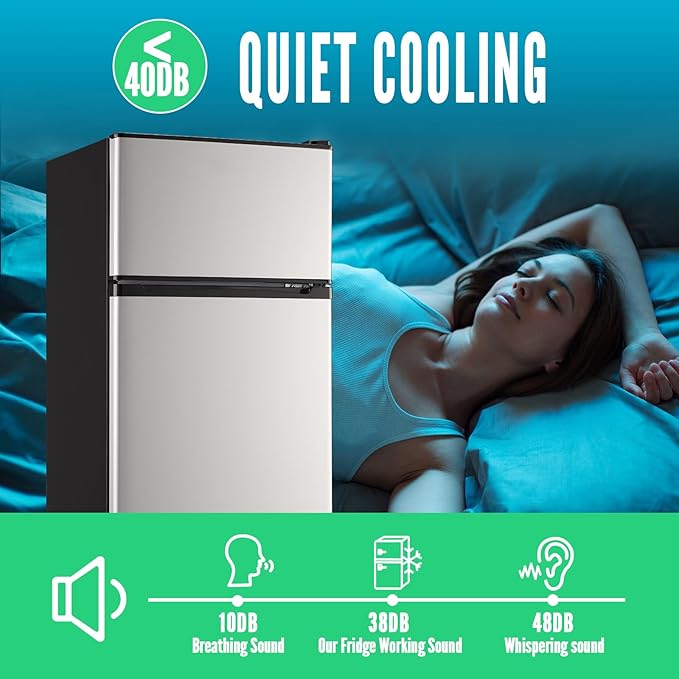 WANAI Mini Fridge with Freezer, 3.5 cubic feet 2- Doors Small Refrigerator Features 7 Gear Mechanical Control, Side Bottle Rack, Ideal for Dorm, Kitchen, Apartment, Office, Silver