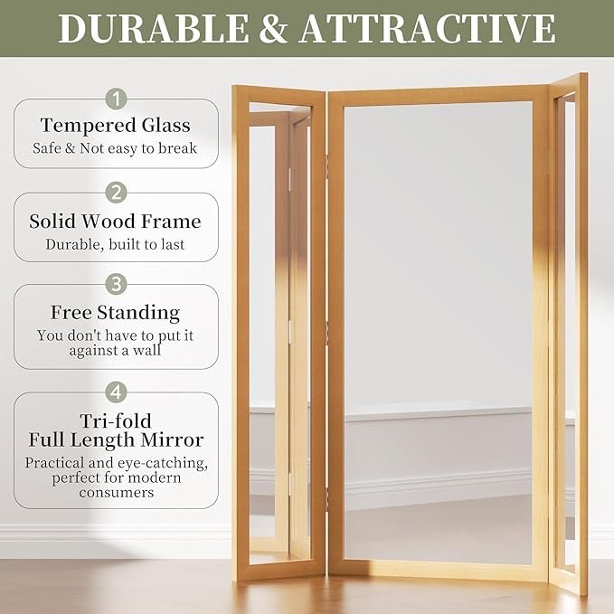 Trifold Mirror Full Length with Tempered Glass, 3 Way Oversized Extra Large Floor Mirror with Wood Frame, Decorative Mirror for Home,Wedding Dress/Clothing Shop/Bedroom/Closet, 71"x67" (Brown)