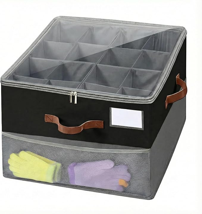 Shoe Organizer for Closet, Fabric Shoe Storage Boxes with Lids, Adjustable Dividers for 16 Pairs, Foldable Shoe Cubby with Mesh Storage & Label Window, Fits Tall Boots, Black & Grey