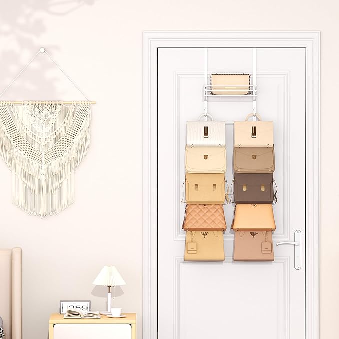 SWTYMIKI Over The Door Purse Organizer - Wall Mounted Handbag Organizer with 10 Hooks and Metal Basket, Hanging Purse Storage Rack Holds up to 10 Bags, Bag Rack Can Use As 1/2 Part, for Door, Closet