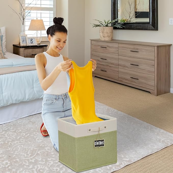 15x13x13 inch cube storage bin,Collapsible Fabric Storage Cubes with Labels 4 Pack,Linen Cube Storage Organizer Bins with Cotton Handles for Home,Nursery,Clothes,Shelves and Closet(White green).