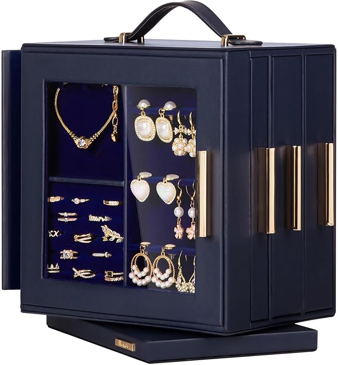 Homde Valentine's Day gifts Jewelry Box 360° Rotating, Necklace Earring Organizer with Transparent Window, Mirror, 7 Drawers, Large Ring Display Storage Case for Girls Women (Dark Blue)