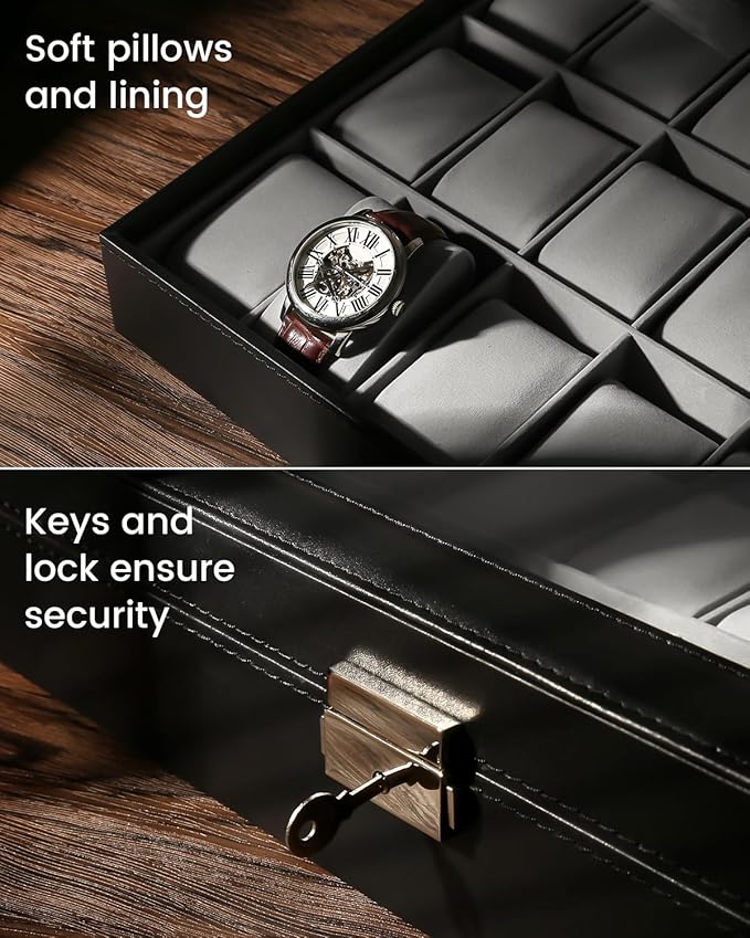 Uten Watch Box, 24 Slots Leather Watch Case, Watch Box Organizer Jewelry Storage with Large Glass Lid, Watch Display Case, Watch Box for Men & Women Gift