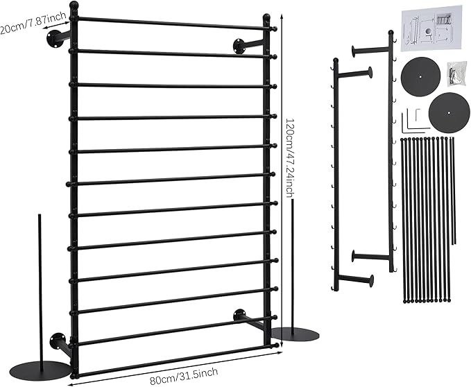 12 Layers 80cm Black Wall Display Stand Wrapping Paper Ribbon Organizer Tie Scarf Rack Belt Towel Holder Spool Hijab Stand Metal Shelving for Home, Retail Stores, Flower Shop, Studio, Sewing