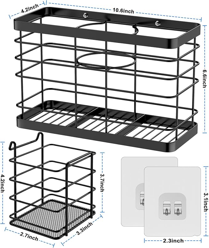 Hair Tool Organizer - Black Steel Wall Mounted Hair Dryer Holder with Removable Basket, 10.62"L x 4.33"W x 6.69"H, Ideal for Small Bathrooms