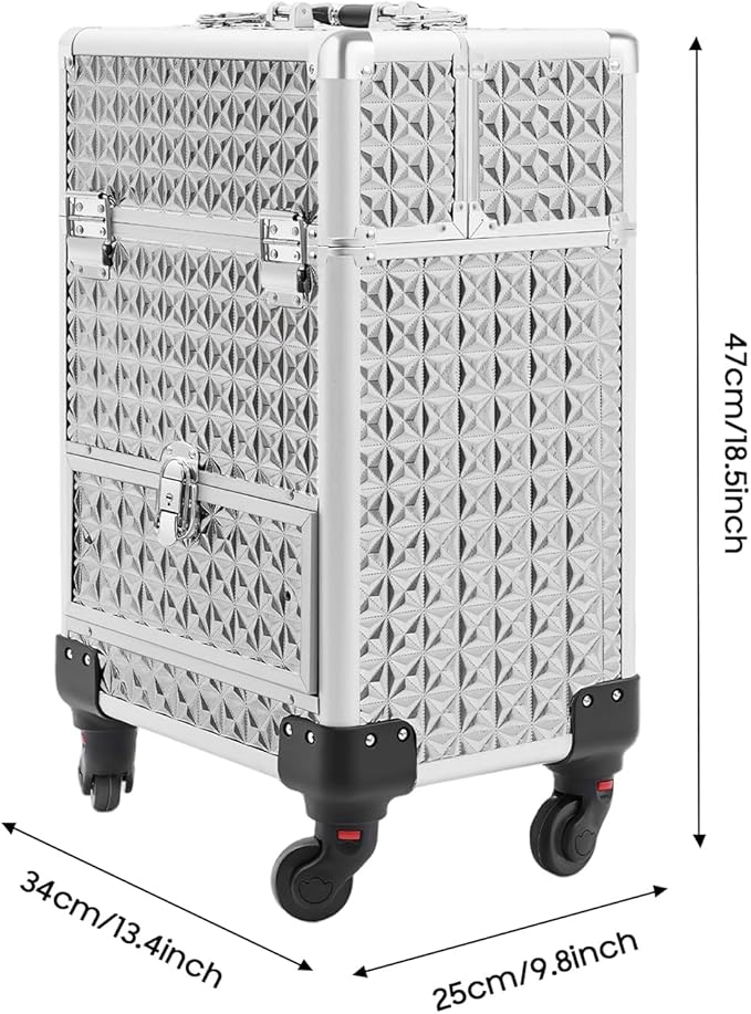 Professional Rolling Makeup Case Pro Makeup Artist Cosmetic Train Case Hairstylist Travel Case Portable Make Up Station with Lockable Drawer & 4 Swivel Wheels - Silver