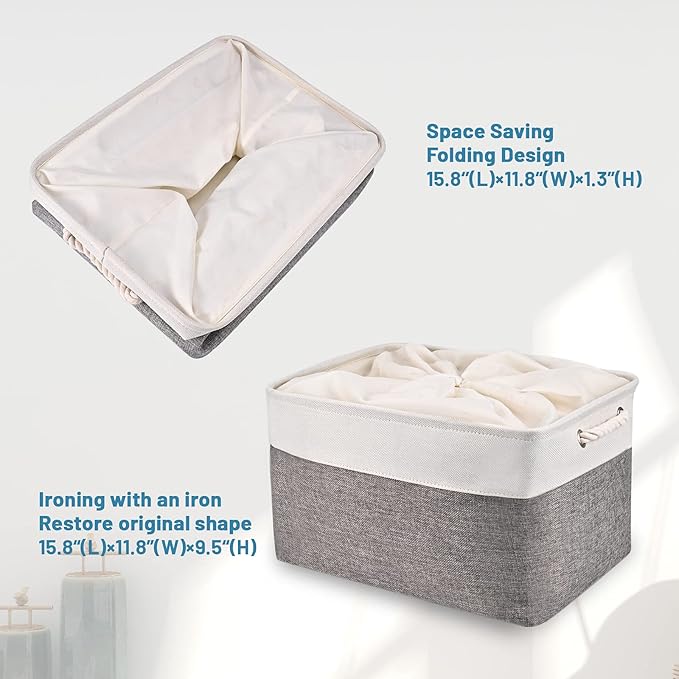 HOdo Home Fabric Storage Bin with Drawstring Closure and 2 Bold Handles, Collapsible Large Canvas Storage Baskets for Organizing Shelf Nursery Home Closet (White&Grey, 15.8L×11.8W×9.5H - 4Pack)