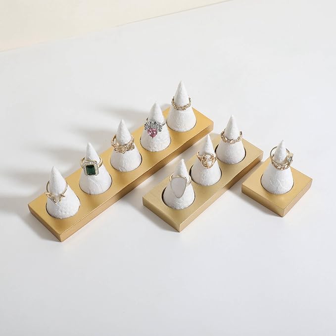GemeShou Jewelry ring display holder for selling, velvet ring cone display stand, cute cone shaped ring holder with golden coated base,Large jewelry ring storage organizer【Ring holder-white 5 cone】