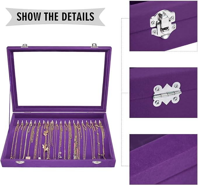 Necklace Organizer Box Premium 20 Hooks Velvet Necklace Display Jewelry Tray with Transparent Lid Jewelry Necklace Display Box for Necklace Pendants Suitable for Women and Girls (Purple)