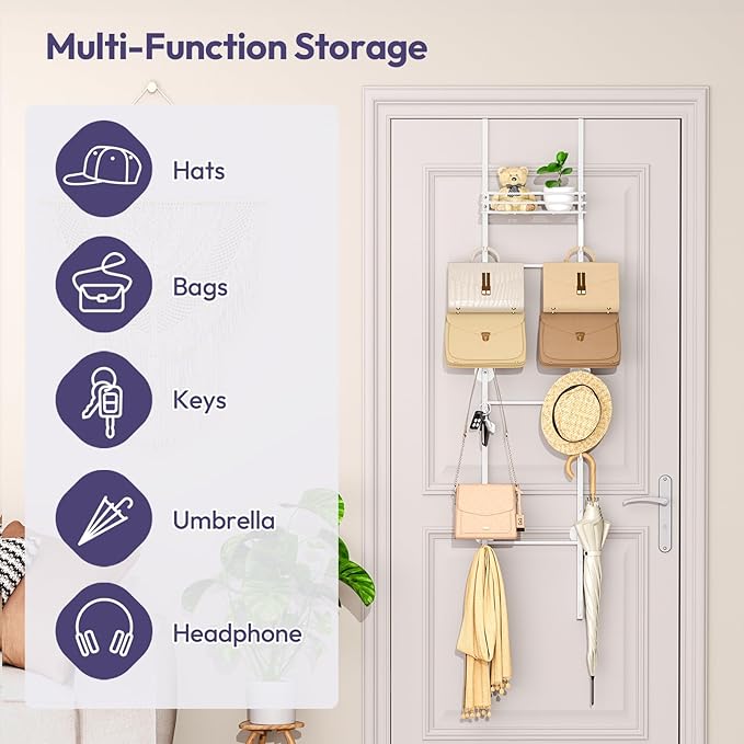 SWTYMIKI Over the Door Purse Organizer - Wall Mounted Handbag Organizer with 16 Hooks and Metal Basket, Hanging Purse Storage Rack Holds up to 16 Bags, Bag Rack Can Use As 1/2 Part, for Door, Closet