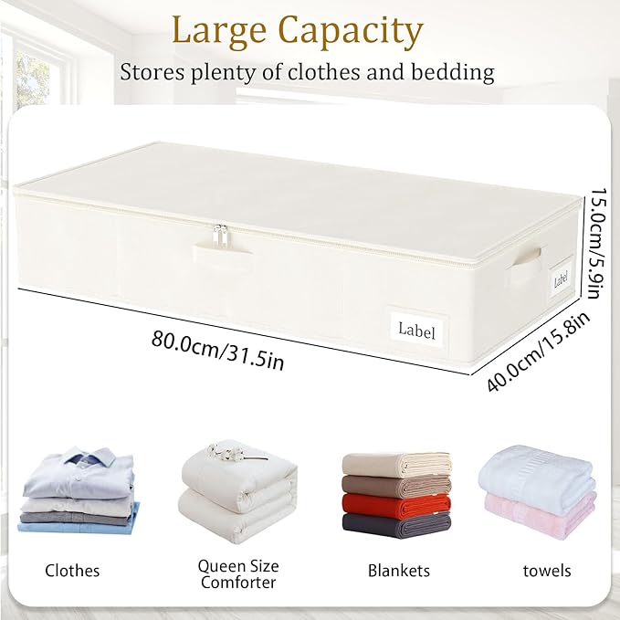 Yawinhe Foldable Underbed Storage Bags, Containers Bin with Lids, Large Under Bed Organizer Box, with Sturdy Zipper und Label Holders, for Clothing, 31.5''Lx15.7''Wx6''H, 4 Pack, Beige
