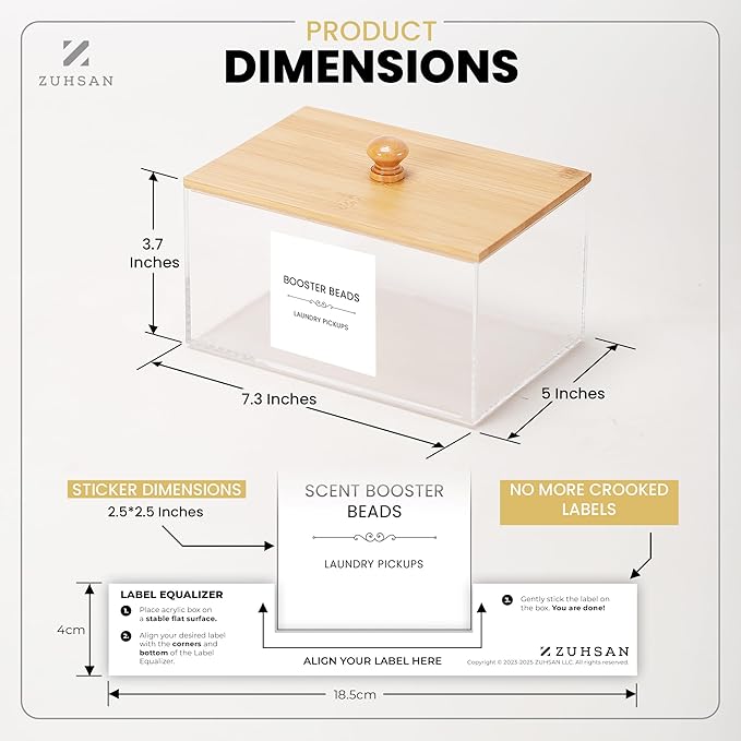 Dryer Sheet Holder with 30 waterproof Labels, Acrylic made tissue box holder with black bamboo lid, Acrylic Container Storage Box for Laundry Room Organization, Holds Sheets, Balls (Black)