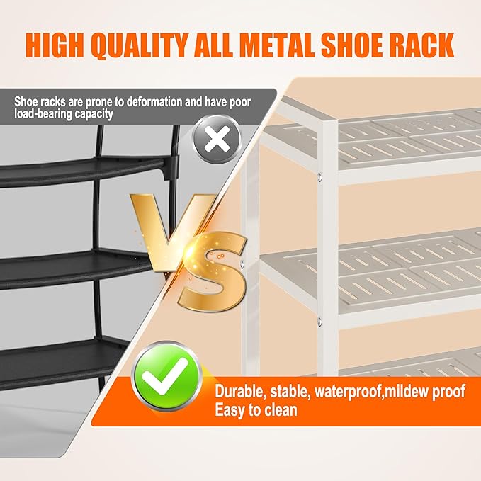 3-Tier Heavy Duty Metal Shoe Rack, 200 LBS Load Capacity, Sturdy Free Standing Shoe Storage Organizer, Holds 9-12 Pairs, 28.7" W x 9.8" D x 19.7" H White for Entryway, Closet, Bedroom & Dorm