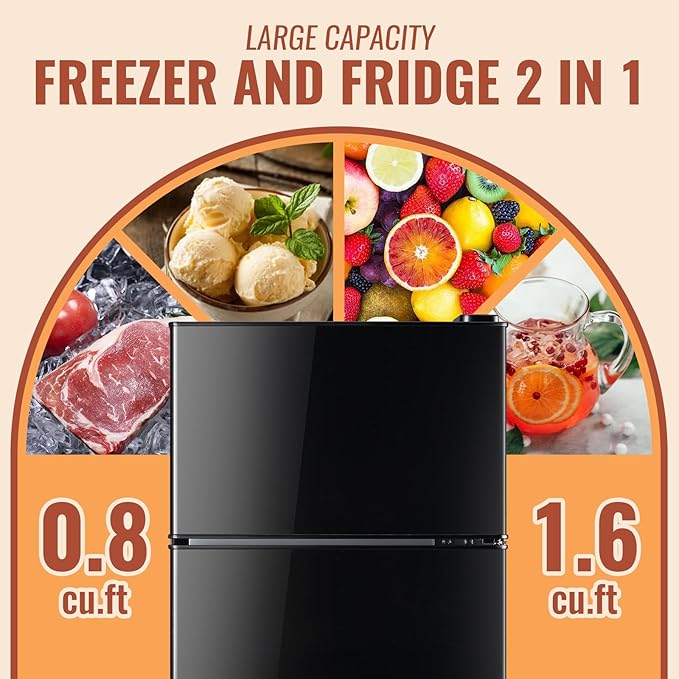 2.4 Cu.ft Mini Fridge with Double Doors Small Refrigerator with Separate Freezer & 7 Adjustable Temperature Control, Tiny Size & Personal Fridge Ideal for Office Apartment Dorm Black