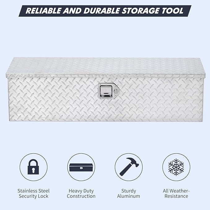 Garvee Aluminum Truck Bed Tool Box, 15 x 15 x 48 in Diamond Plate Tool Box Chest Box Pick Up Truck Bed RV Trailer Toolbox Storage with Side Handle and Lock Keys