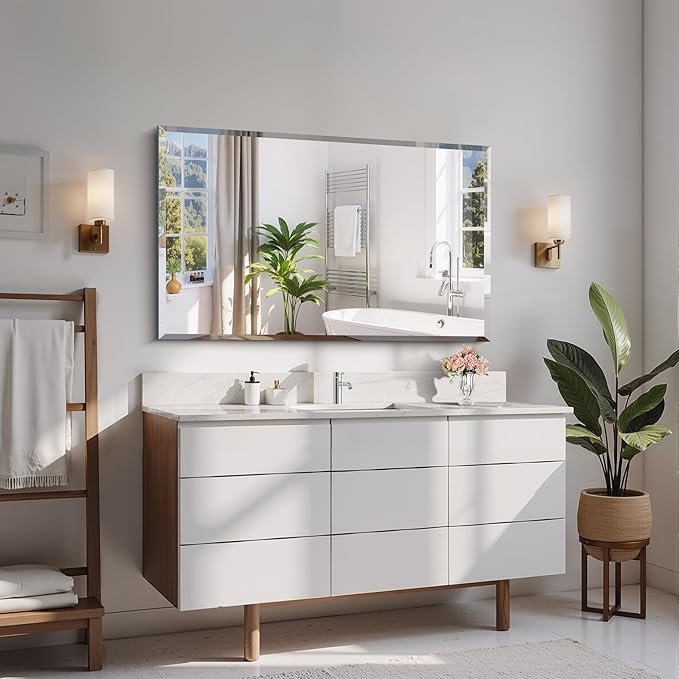 CILIBER Beveled Bathroom Mirror, 24x40 Large Frameless Mirrors for Over Sink, Upgraded Shatterproof Beveled Frameless Vanity Mirror for Bathroom,Bedroom,Living Room and Entryway