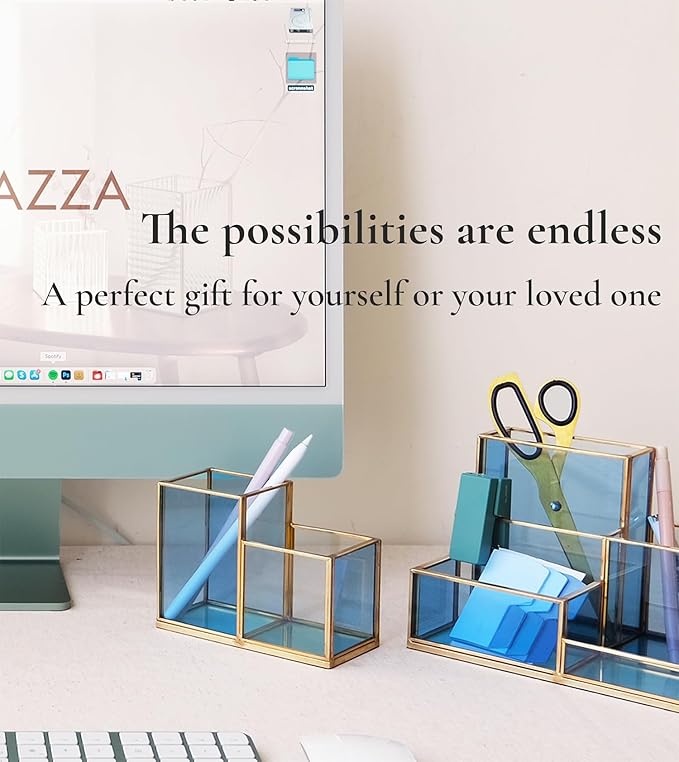 FONDAZZA Gold & Blue Glass Desk Organizer - Elegant Office Decor, Aesthetic Makeup Brush Holder, 2-Compartment Pen Holder, Pencil Cup, Vanity & Cosmetic Storage, Desk Accessories for Women