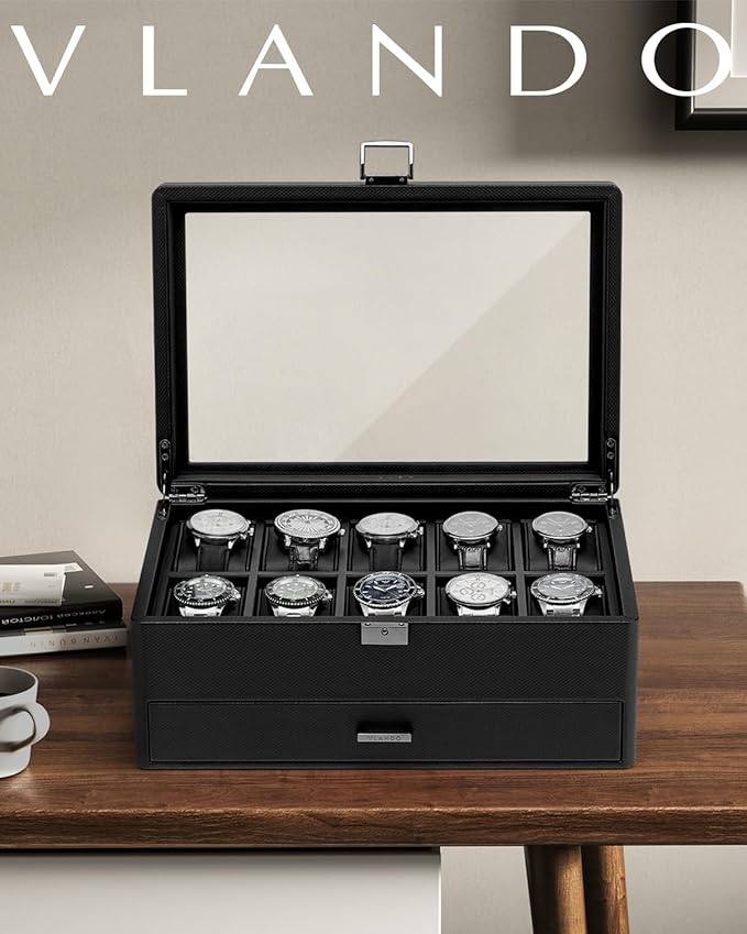 Vlando Watch Box 10 Slots, Lockable Watch Case with Textured Leather, 2 Layer Watch Holder for Rings, Glasses, Mens Jewelry Box with Glass Lid, Removable Divider, Gifts for Father, Husband, Black