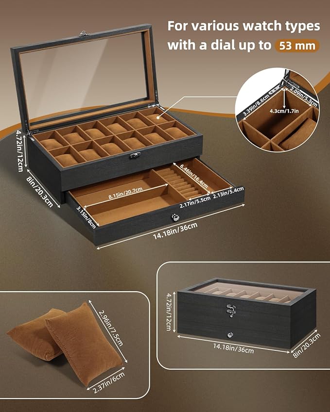 Uten 12-Slot Watch Box, 2-Layers Solid Wood Watch Display Case with Glass Lid, Watch Holder Organizer with Soft Pillow and Velvet Lining, Watch and Jewelry Storage Box