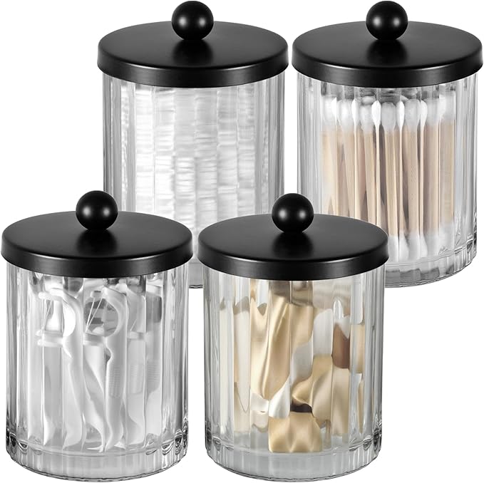 Amolliar Qtip Holder Dispenser for Cotton Swabs, Cotton Balls, Pads, Floss Picks, Clear Glass Canister Apothecary Jar, Bathroom Essential Accessories Decor, Bathroom Storage Organizer (Black, 4 Pack)