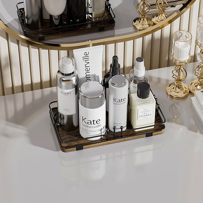 Bathroom Vanity Tray for Toiletries Makeup Perfume Candle Toilet Tank, Kitchen Tray for Soap Dispenser Spice Salt, Small Tray for Countertop Decor Coffee Nightstand 7.9”x4.4” Brown-Black