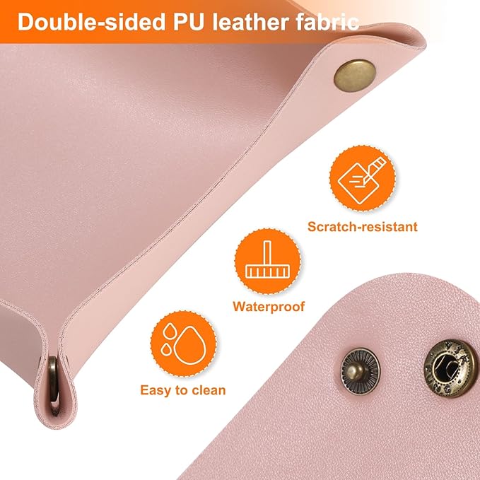 HARFINGTON 4pcs PU Leather Valet Tray Unisex Folding Small Catchall Tray Portable Entryway Table Tray Nightstand Bedside Desk Tray for Key Wallet Watch Coin Jewelry Dice, Pink