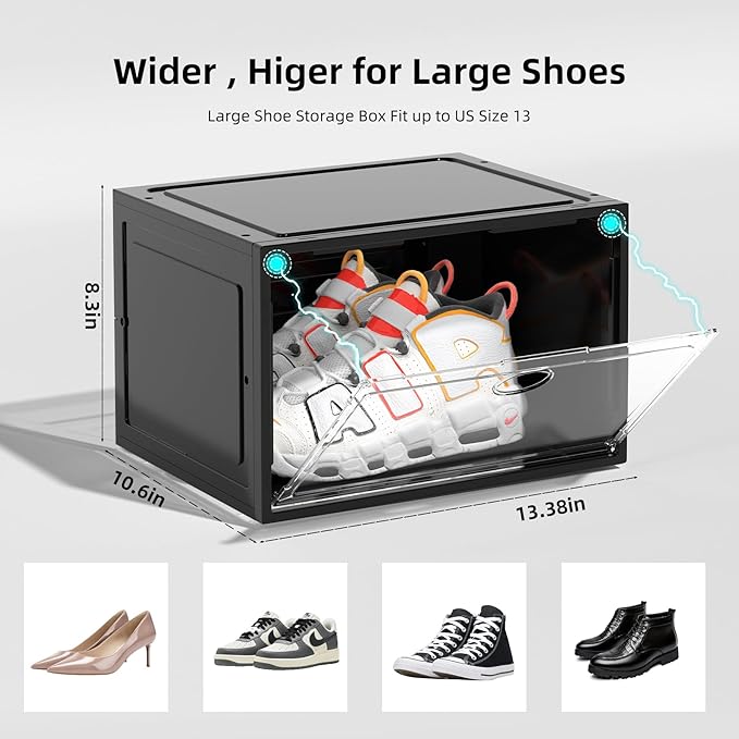6 Pack Clear Sliding Door Shoe Box, Plastic Shoe Rack Storage Box, Shoe Display Case Suitable for Sneakers, Casual Shoes(Black)