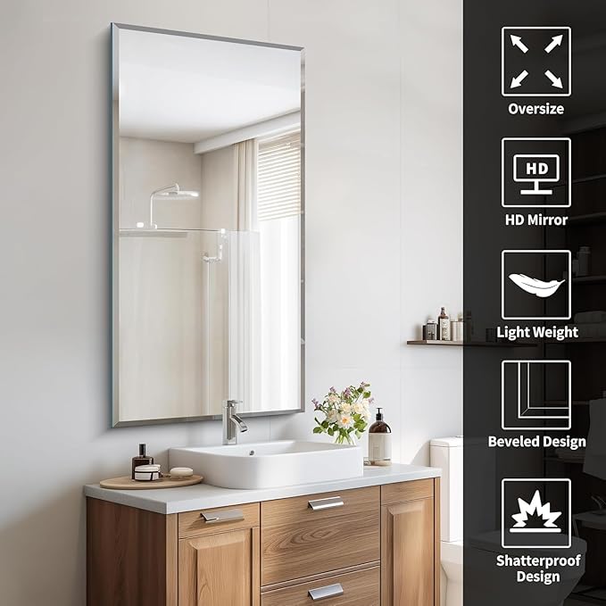 CILIBER Beveled Mirror, 24x48 Beveled Bathroom Mirrors for Over Sink, Upgraded Shatterproof Beveled Frameless Vanity Mirror for Bathroom,Bedroom,Living Room and Entryway