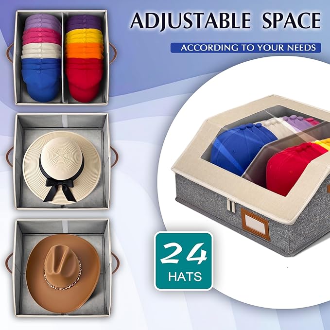 2-in-1 Hat Organizer for Baseball Caps Holds 48-60 Hats Holder for Closet with Clear lid Stackable Hat Storage with Adjustable Space Cowboy Hat Box for Men Women 2 PCS White and Grey