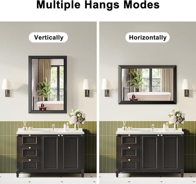 Black Bathroom Mirror for Over Sink, 24x36Inch Thick Anti-Rust Metal Frame, Rectangle Decorative Wall Mirror with HD Tempered Glass Horizontal or Vertical Mount for Vanity, Bedroom, Living Room