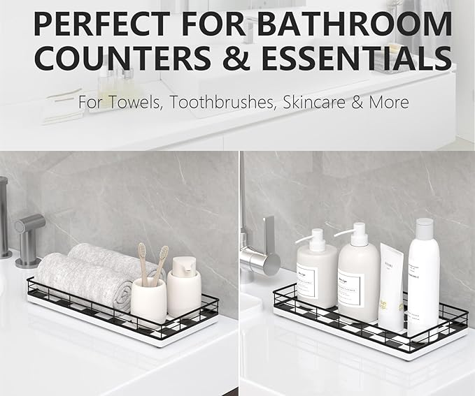 Toilet Tank Tray Organizer – Oak Wood Bathroom Counter Basket with Metal Frame, Back of Toilet or Tank Top Paper Holder Storage – Black & White Modern Decor