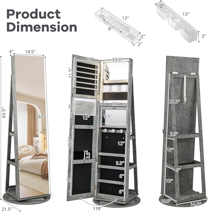 CHARMAID 360° Swivel Jewelry Armoire with Full Length Mirror, Rear Storage Shelves, Lockable Standing Jewelry Cabinet Organizer with Interior Vanity Mirror and 3-Color Lights (Stone Gray)