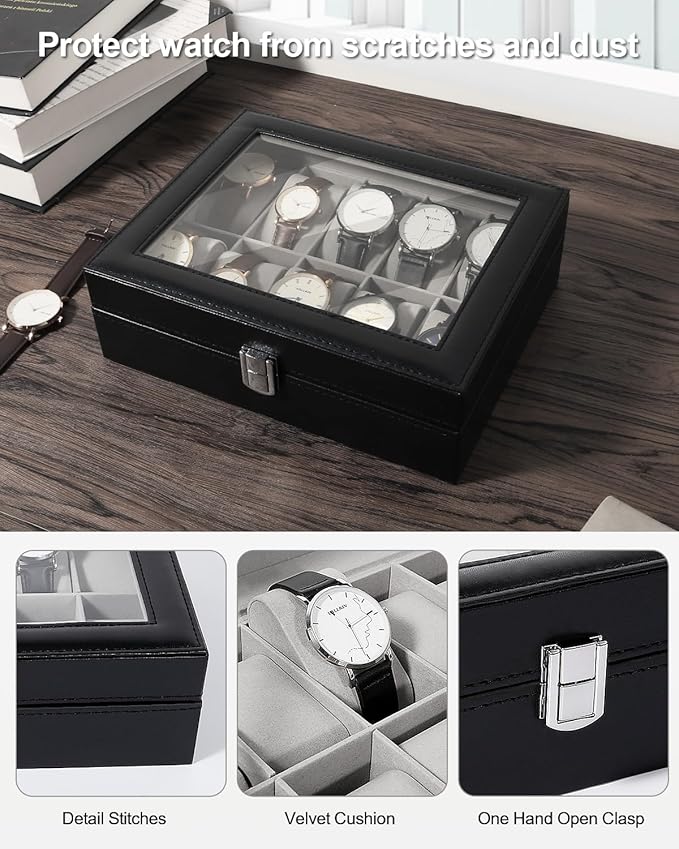 Uten Watch Box with 10 Slots, Watch Box for men, Watch Display Case, Watch Storage Box with Removable Cushion, Metal Clasp, PU Leather