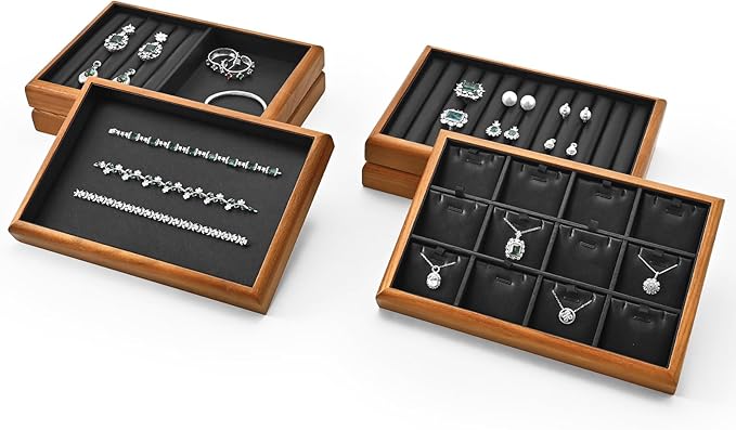 Oirlv Solid Wood 12 Grid Jewelry Organizer Tray Jewelry Drawer Organizer for Rings Earrings Storage Display(Black)