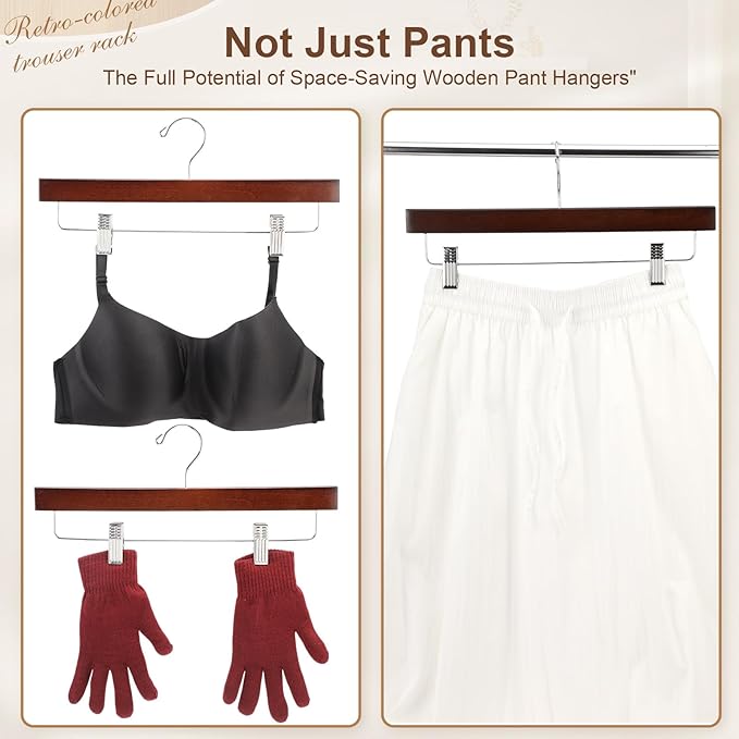 Sieral 30 Pack Wooden Pants Hangers with Clips Solid Wood Skirt Suit Coat Hangers with 2 Adjustable Clips 360 Degree Swivel Hook for Trousers Jeans Slacks Shorts Bottom, 14 Inch(Brown,Stylish)