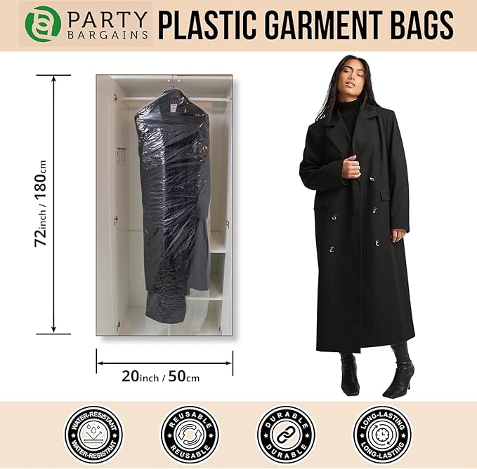 PARTY BARGAINS 72 x 20 Inch Disposable Clear Garment Bags, 50 Pack – Heavy-Duty Plastic Clothes Covers for Suits Dresses Coats, Closet & Travel