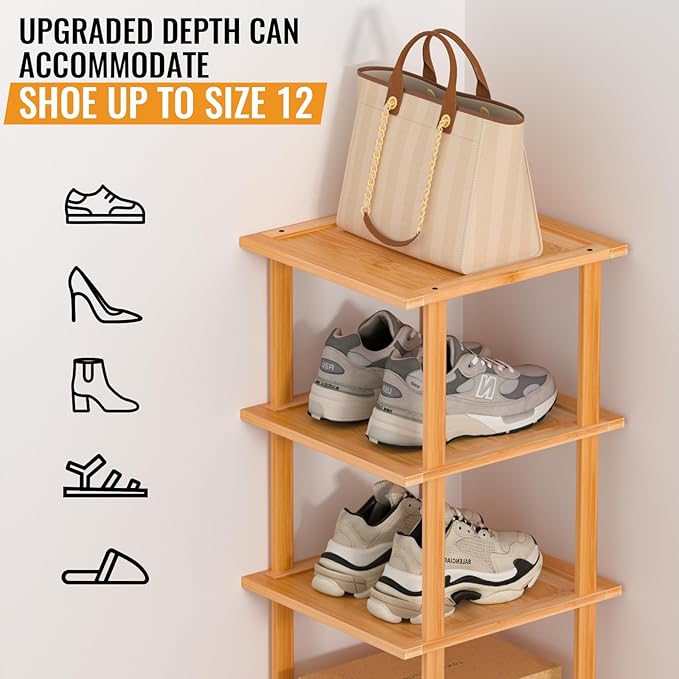 Bamboo Free Standing Shoe Rack Shelf Multi Tier Tall Wooden Stackable Shoes Rack Organizer for Closet Front Door Entrance Narrow Vertical Shoe Storage (Nature, 12 Tiers)