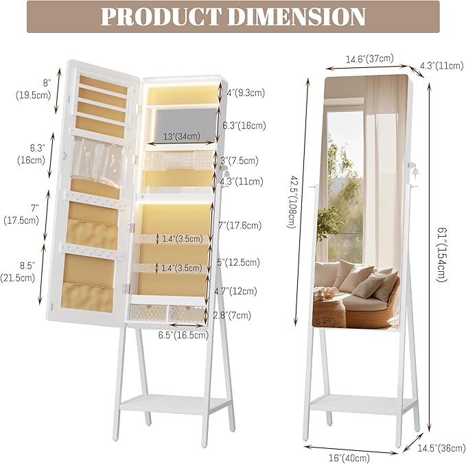 LVSOMT LED Standing Jewelry Mirror Cabinet, Stand Up Full Length Mirror with Storage, Lockable Floor Jewelry Armoire Organizer with 2 Drawers, Bottom Shelf, Built-in Lighted Makeup Mirror (White)