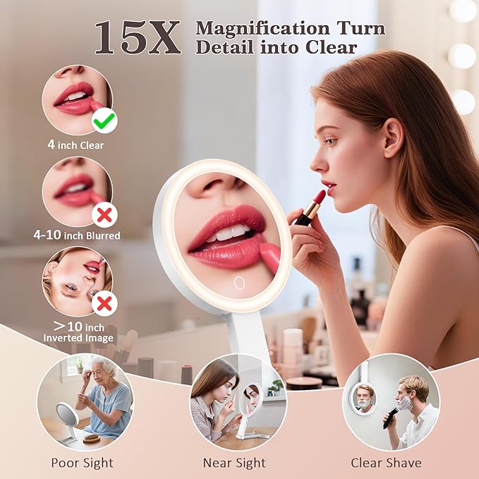 Travel Makeup Mirror with Lights, 15X/1X Double Sided Travel Magnifying Mirror, Portable Beauty LED Mirror, Valentine's Gifts For Her 3 in 1 Tabletop/Handheld/Hanging, 3 Color Lighting, Dimmable Touch
