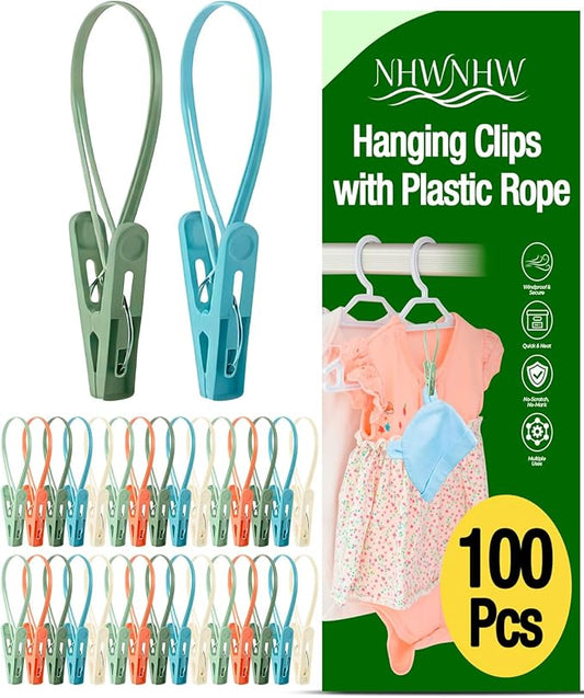 100 Pack Multi Purpose Laundry Hanging Clips with Rope, Strong Grip Hanging Clips for Baby Hangers, Pants, Socks, Towels & Closet Organization, Multi-Purpose Laundry Drying Hooks (Classic Colors)