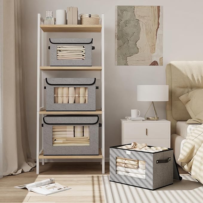 Storage Bins with Lids, Decorative Linen Storage Boxes, 17.7 x 11.8 x 11.8 Inch Closet Organizers for Shelves with Handles, Gray, 3-Pack